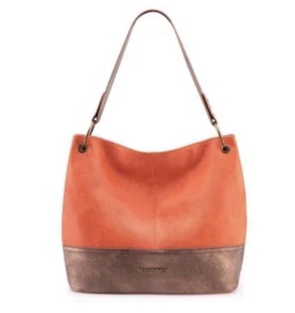 Montana West Hobo Tote Shoulder Bag Orange Brown Faux Leather Equestrian Lined